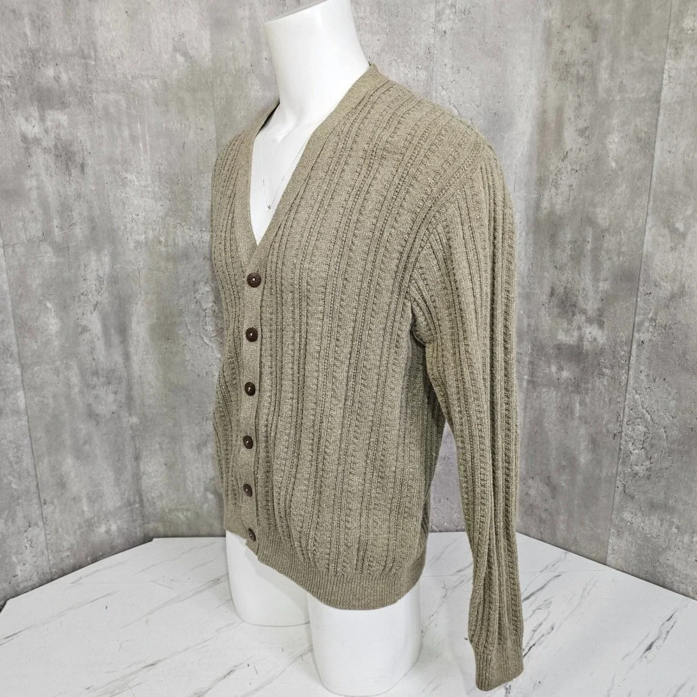 Oscar De La Renta XL Rib Knit Cardigan Sweater Beige Grandpa Quiet Luxury Y2K